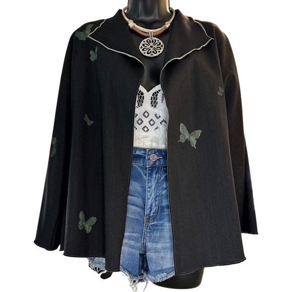 K Riley Jackets & Blazers - K Riley Black Linen Butterfly Open Jacket Kimono Wearable Art with Green Hem